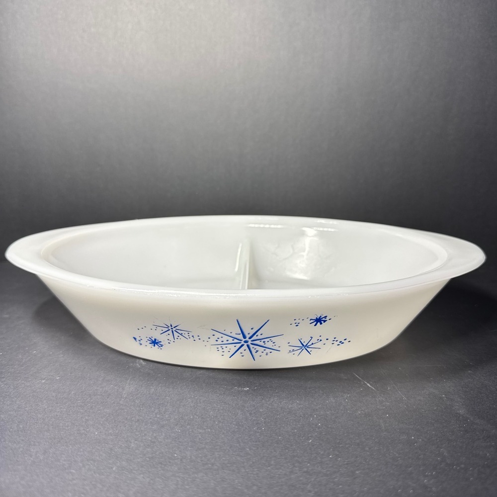 Vintage Glasbake Blue Starburst Divided Serving Dish Milk Glass Oval MCM Bowl